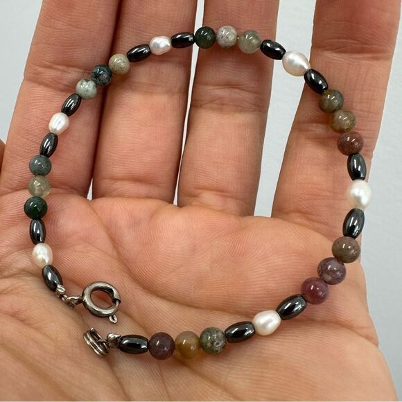 Multicolor Natural Gemstones Bead Onyx, Pearl Bracelet Size 7.5 - Picture 3 of 6